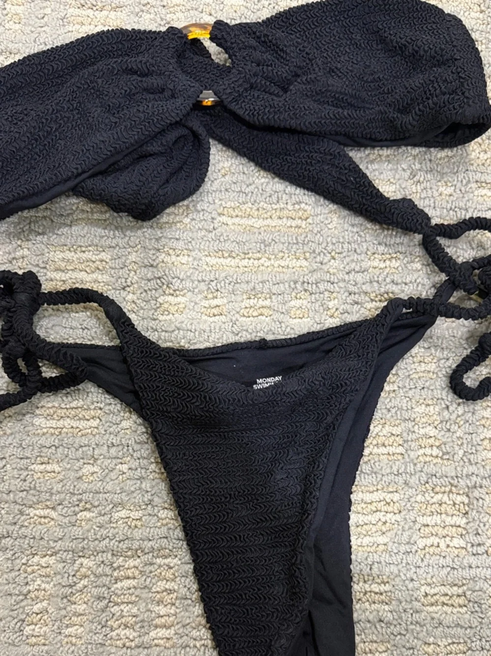 Monday Swimwear Black Textured Bandeau Tie Bikini